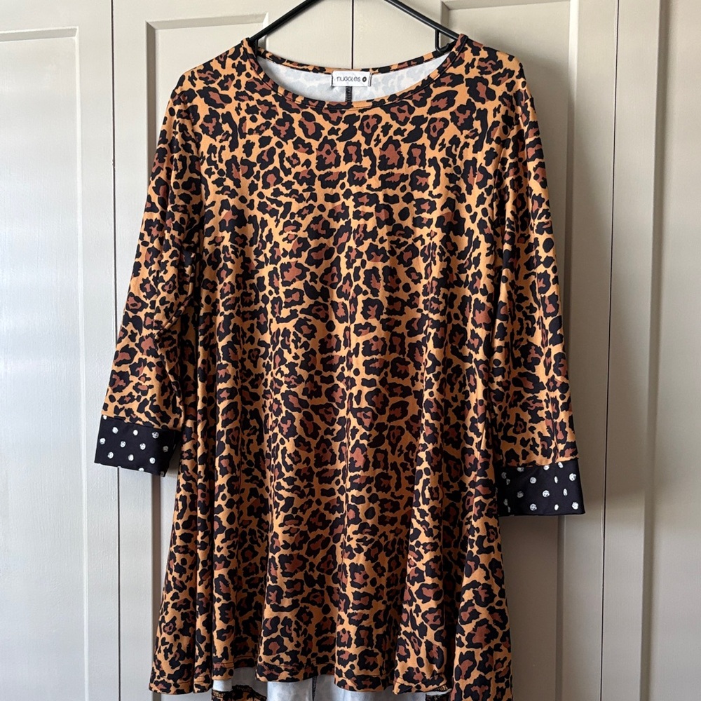 Rust Leopard Print Swing Top with Polka Dot Cuffs